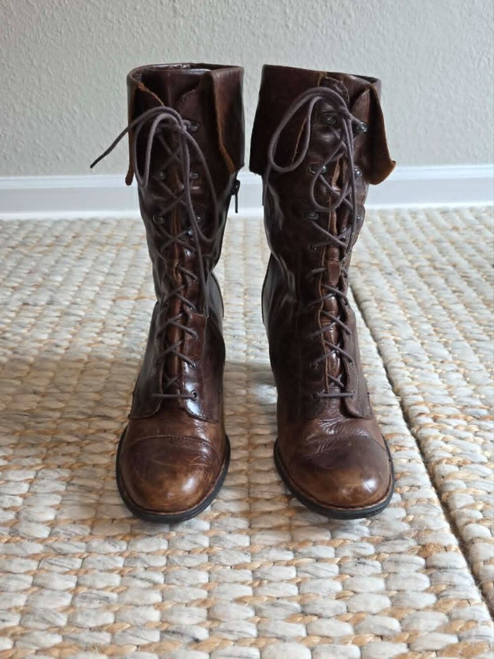 Born Brown Leather Lace Up Fold Over Side Zip Heeled Combat Moto Boot - 9.5 - Picture 6 of 16